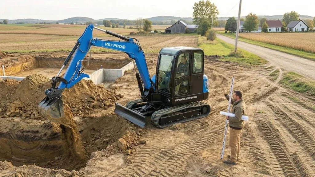 Mini-pelle Rippa R57 en terrassement sur un chantier