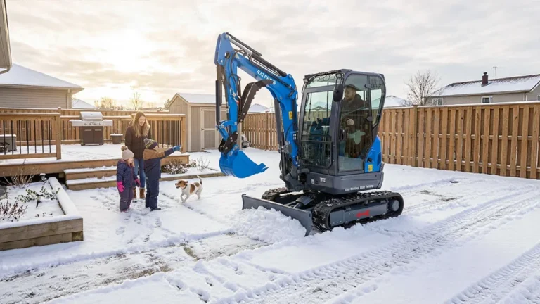 Mini-pelle Rippa R32 en hiver près d'une maison